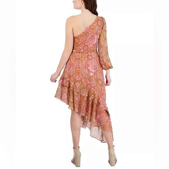 BCBGeneration Paisley One-Shoulder Dress Cut Out Asymmetrical Pink Orange Dress - Picture 3 of 7